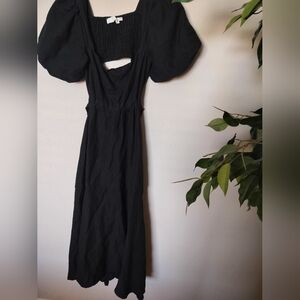 Astr Black Puff Sleeve Square Neck Sundress Deep Back Sexy